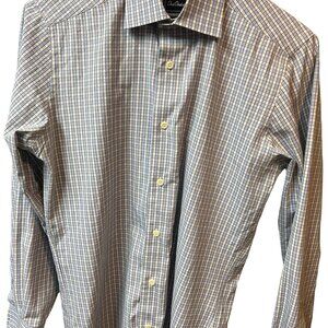 David Donahue Trim Size 15 32/33 Long Sleeve White Blue